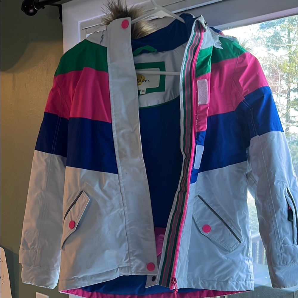 White and Green Puffer Jacket with Colorful Stripes